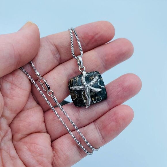 Turritella Jasper Sterling Silver Starfish Necklace Popcorn Chain - Picture 5 of 7